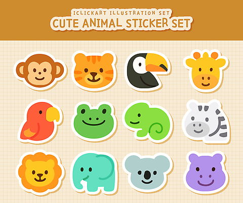 동물 캐릭터 디자인 컬러 스티커 일러스트 코끼리 개구리 귀여움 원숭이 호랑이 공작 사자 기린 즐거움 코알라 아기자기 국내일러스트 AI파일 감정 컨셉 포유류 조류 양서류 파일형식 벡터
