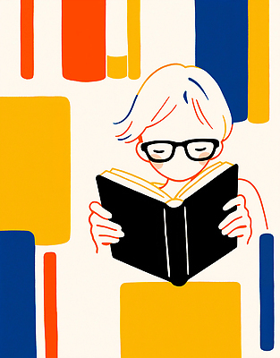 JPG 안경 어린이 컬러 백그라운드 일러스트 모션 실험 취미 책 빨간색 파란색 독서 노란색 교양 성장 흰색 도서관 집중 그림 창의력 국내일러스트 AI일러스트 AI콘텐츠 잡화 교육 컨셉 사람 파일형식