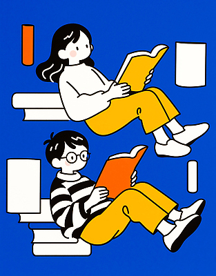 JPG 학생 디자인 교육 문화 어린이 백그라운드 일러스트 모션 놀이 취미 책 파란색 학습 독서 편안함 만화 집중 즐거움 창의성 국내일러스트 AI일러스트 AI콘텐츠 감정 컬러 컨셉 사람 감각 파일형식