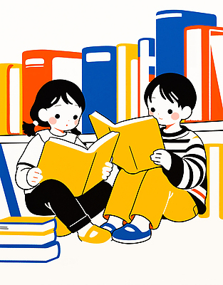 JPG 교육 문화 어린이 컬러 일러스트 모션 놀이 책장 바닥 이야기 책 친구 학습 독서 노란색 도서관 집중 즐거움 상상력 국내일러스트 AI일러스트 AI콘텐츠 감정 가구 컨셉 관계 사람 파일형식