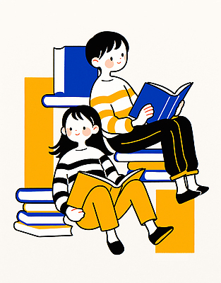 JPG 캐릭터 학생 문화 어린이 일러스트 학교 모션 취미 책 여름 파란색 친구 독서 노란색 교양 집중 교훈 책더미 국내일러스트 AI일러스트 AI콘텐츠 계절 교육 컬러 컨셉 관계 사람 무더기 파일형식