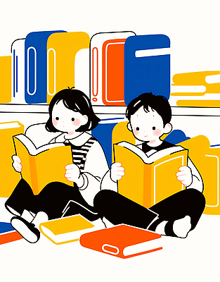 JPG 교육 문화 어린이 컬러 일러스트 모션 커뮤니케이션 이야기 책 친구 학습 아기 도서관 집중 읽기 즐거움 그림 상상력 국내일러스트 AI일러스트 AI콘텐츠 감정 컨셉 관계 사람 파일형식