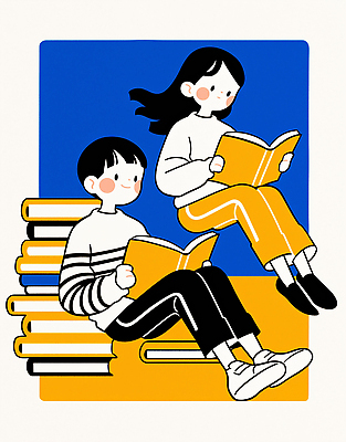 JPG 교육 감정 어린이 컬러 일러스트 모션 풍경 소녀 소년 책 학습 독서 노란색 귀여움 줄무늬 시간 즐거움 그림 창의력 국내일러스트 AI일러스트 AI콘텐츠 여자 남자 컨셉 무늬 사람 파일형식