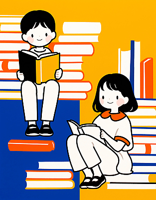 JPG 교육 문화 어린이 일러스트 모션 이야기 취미 책 친구 학습 독서 교양 시간 도서관 즐거움 소통 상상력 색감 창의성 국내일러스트 AI일러스트 AI콘텐츠 감정 컨셉 관계 사람 파일형식