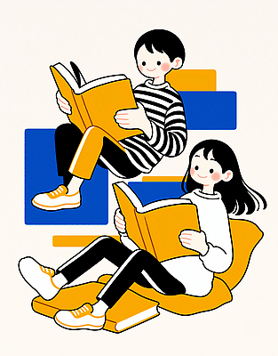 JPG 캐릭터 디자인 어린이 일러스트 소녀 소년 책 캐주얼 독서 노란색 귀여움 줄무늬 표현 편안함 스웨터 읽기 창의성 스타일 국내일러스트 AI일러스트 AI콘텐츠 옷 여자 남자 컬러 컨셉 상의 무늬 모션 사람 감각 파일형식