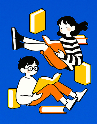 JPG 캐릭터 교육 문화 일러스트 모션 청소년 취미 책 파란색 학습 독서 공간 교양 편안함 집중 즐거움 스토리 상상력 창의성 흥미 국내일러스트 AI일러스트 AI콘텐츠 감정 컬러 컨셉 사람 감각 파일형식