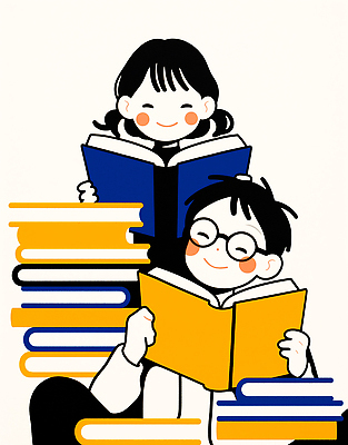 JPG 교육 행복 어린이 일러스트 취미 책 파란색 학습 독서 노란색 교양 성장 집중 즐거움 소통 상상력 창의성 책더미 국내일러스트 AI일러스트 AI콘텐츠 감정 컬러 컨셉 사람 무더기 파일형식