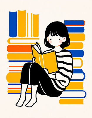 JPG 여유 컬러 백그라운드 일러스트 휴식 소녀 책 학습 독서 줄무늬 교양 도서관 편안함 집중 즐거움 그림 사색 국내일러스트 AI일러스트 AI콘텐츠 여자 교육 감정 어린이 컨셉 생각 무늬 감각 파일형식