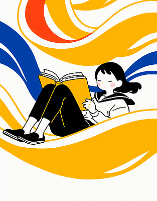 JPG 디자인 감정 여유 예술 백그라운드 일러스트 모션 상상 소녀 책 독서 자유 시간 편안함 읽기 즐거움 뷰티풀 색감 창의력 국내일러스트 AI일러스트 AI콘텐츠 여자 어린이 컨셉 감각 파일형식