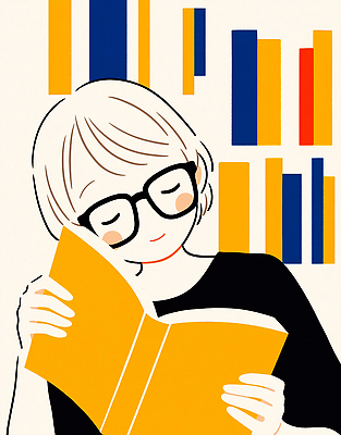 JPG 여자 행복 문화 여유 컬러 백그라운드 일러스트 모션 책장 표정 취미 책 학습 독서 평화 교양 도서관 즐거움 발견 창의성 국내일러스트 AI일러스트 AI콘텐츠 교육 감정 가구 컨셉 사람 파일형식