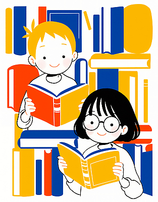 JPG 여학생 교육 문화 여유 어린이 남학생 컬러 백그라운드 일러스트 책 친구 학습 독서 교양 도서관 균형 집중 즐거움 국내일러스트 AI일러스트 AI콘텐츠 학생 여자 남자 감정 컨셉 관계 사람 파일형식