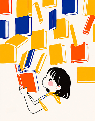 JPG 교육 어린이 컬러 일러스트 상상 하늘 소녀 책 독서 꿈 자유 즐거움 호기심 그림 열정 문학 창의력 국내일러스트 AI일러스트 AI콘텐츠 여자 감정 컨셉 사람 파일형식