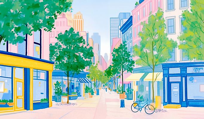 JPG 나무 여유 컬러 일러스트 하늘 거리 풍경 여러명 건물 일상 걷기 상점 자전거 봄 활발 탐험 도시 편안함 주말 탐방 국내일러스트 AI일러스트 AI콘텐츠 식물 건축물 계절 감정 다수 컨셉 모션 사람 라이프 바이크 감각 파일형식