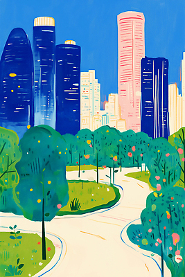 JPG 나무 공원 길 여유 컬러 일러스트 모션 자연 풍경 건물 봄 산책 도시 모던 화사함 조화 스카이라인 국내일러스트 AI일러스트 AI콘텐츠 식물 건축물 계절 공공시설 감정 컨셉 휴식 생태계 파일형식