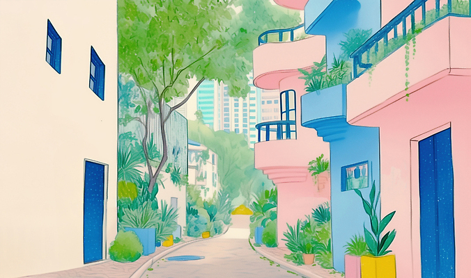 JPG 식물 건축물 디자인 예술 분홍색 일러스트 자연 휴식 거리 아파트 거리풍경 풍경 건물 라이프 파란색 평화 환경 산책 도시 골목길 뷰티풀 국내일러스트 AI일러스트 AI콘텐츠 건축 길 컬러 컨셉 주택 생활 생태계 파일형식