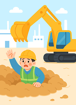 직업 건축 생각 일러스트 공장 작업복 안전 기계 흙 작업 구출 헬멧 위험 땅 굴착기 구조요청 긴급상황 손흔들기 작업자 국내일러스트 AI파일 옷 컨셉 공업 모션 긴급 도움 중장비 보호장비 파일형식 벡터
