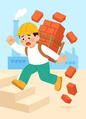 건축 산업 어린이 포즈 일러스트 공장 벽돌 표정 작업복 계단 작업 운반 안전모 위험 하락 산업재해 힘듦 국내일러스트 AI파일 옷 컨셉 공업 사람 헬멧 안전장비 재해 파일형식 벡터