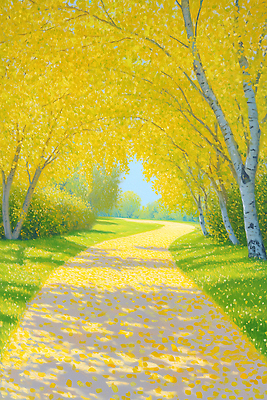 JPG 나무 길 컬러 여행 낙엽 잎 일러스트 자연 풍경 초록색 여름 햇빛 평화 산책로 힐링 조용 은행나무 길가 뷰티풀 풍경화 국내일러스트 AI일러스트 AI콘텐츠 식물 계절 컨셉 태양 그림 생태계 파일형식