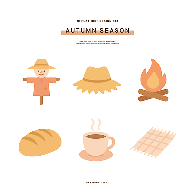 모자 디자인 커피 빵 일러스트 그래픽 세트 수확 가을 플랫 모닥불 담요 허수아비 색감 국내일러스트 AI파일 잡화 계절 음료 음식 농업 불 파일형식 벡터