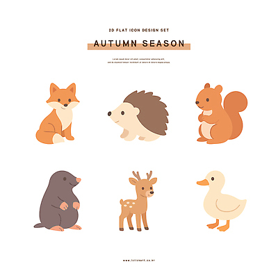 동물 캐릭터 디자인 일러스트 자연 사슴 오리 그래픽 귀여움 가을 그림 다람쥐 여우 고슴도치 두더지 국내일러스트 AI파일 계절 컨셉 포유류 조류 설치류 생태계 파일형식 벡터