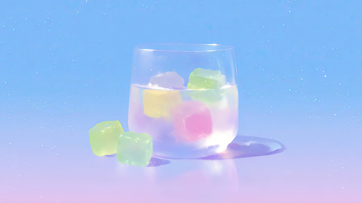 JPG 음료 분홍색 컬러 백그라운드 일러스트 잔 장식 물 여름 파란색 얼음 투명 시원함 상쾌 조화 얼음조각 국내일러스트 AI일러스트 AI콘텐츠 자연요소 식기 계절 감정 파일형식