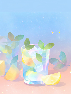 JPG 여유 음료 백그라운드 과일 일러스트 자연 하늘 잔 컵 여름 얼음 시원함 레몬 민트 가득함 상큼 색감 미각 국내일러스트 AI일러스트 AI콘텐츠 자연요소 식기 계절 감정 감각 허브 생태계 파일형식
