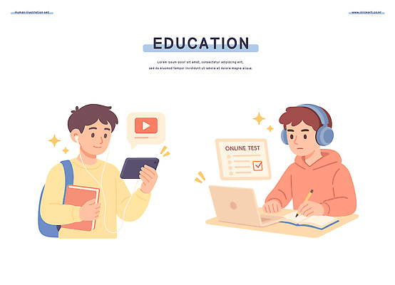 학생 교육 일러스트 학교 청소년 기술 스마트폰 학습 컴퓨터 환경 디지털 헤드폰 자료 시험 집중 과제 학원 영상 콘텐츠 국내일러스트 AI파일 음향기기 컨셉 사람 전자제품 핸드폰 스마트기기 파일형식 벡터