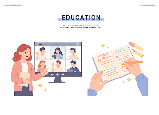 학생 교육 일러스트 수업 커뮤니케이션 강사 학습도구 시간관리 목표설정 수업자료 온라인강의 화상통화 언택트 상호작용 국내일러스트 AI파일 직업 강의 교육용품 통화 교육자료 파일형식 벡터