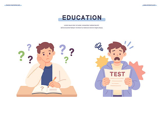 학생 교육 감정 생각 일러스트 수업 스트레스 소년 책 전자제품 학습 시험 교양 표현 불안 고민 걱정 시험지 문제 국내일러스트 AI파일 남자 어린이 파일형식 벡터