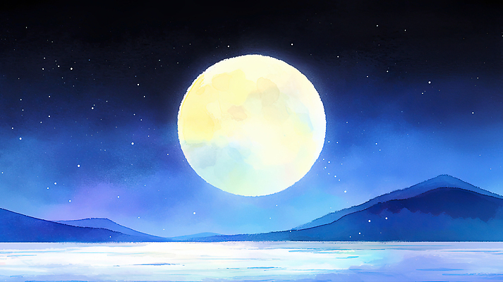 JPG 별 호수 물결 야경 일러스트 자연 밤하늘 하늘 산 풍경 반짝임 평화 고요 보름달 달 야간 신비 감성 풍경화 국내일러스트 AI일러스트 AI콘텐츠 자연요소 컨셉 모션 그림 생태계 파일형식 풍경_경치