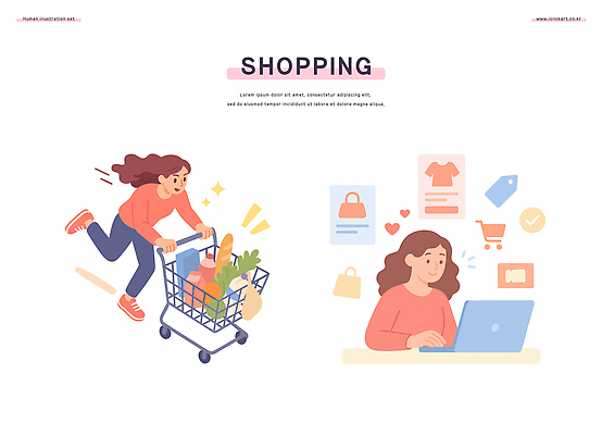 라이프스타일 음식 일러스트 노트북 장보기 쇼핑카 구매 상품 쇼핑몰 고객 온라인쇼핑 편리함 유통 마케팅 국내일러스트 AI파일 컨셉 생활 전자제품 쇼핑 카트 온라인 파일형식 벡터
