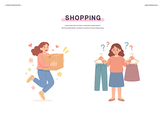 디자인 옷 여자 패션 일러스트 모션 표정 사람 쇼핑 상자 유행 기쁨 핸드백 선택 즐거움 오브젝트 고민 헷갈림 스타일 국내일러스트 AI파일 감정 컨셉 가방 파일형식 벡터