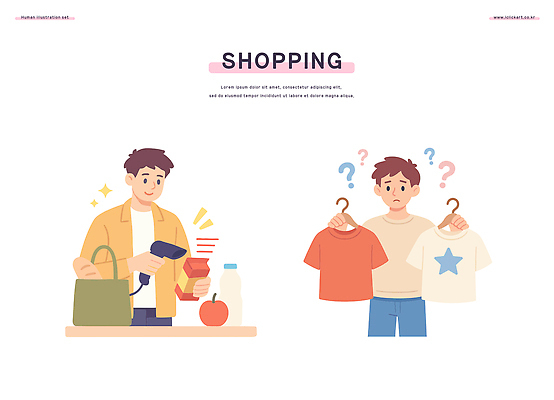 패션 남자 음식 티셔츠 일러스트 일상 생활 쇼핑 장보기 상점 비교 시장 선택 소비 구매 고객 장바구니 고민 옷고르기 스타일 국내일러스트 AI파일 감정 컨셉 셔츠 사람 라이프 바구니 파일형식 벡터