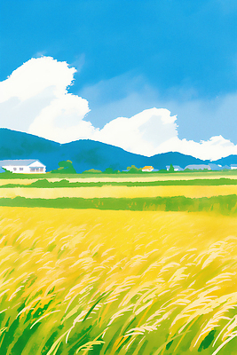 JPG 계절 컬러 농업 일러스트 자연 하늘 생명 바람 산 풍경 여름 농작물 평화 수확 농촌 대기 흰구름 지역 논밭 국내일러스트 AI일러스트 AI콘텐츠 자연요소 산업 컨셉 밭 날씨 논 시골 생태계 파일형식 구름_자연