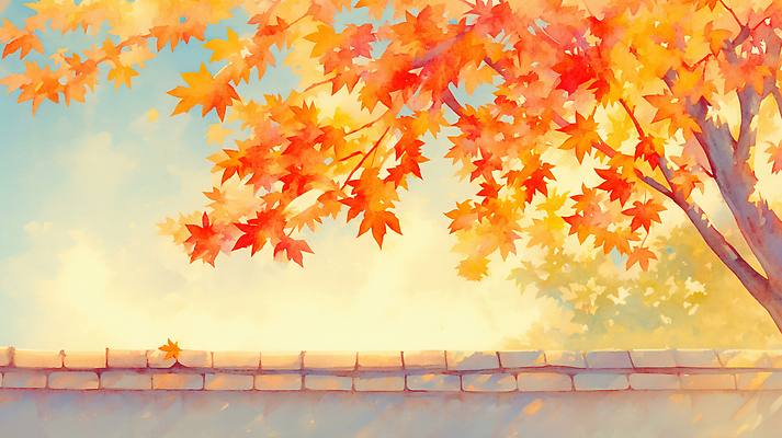 JPG 나무 그릇 컬러 단풍 잎 일러스트 자연 하늘 조명 따뜻함 풍경 담장 반사 노을 주황색 산책 공간 가을 분위기 뷰티풀 국내일러스트 AI일러스트 AI콘텐츠 자연요소 식물 식기 계절 컨셉 휴식 생태계 파일형식