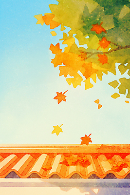 JPG 나무 전통 계절 단풍 잎 일러스트 자연 하늘 한국 기와집 풍경 노란색 디지털 주황색 일몰 가을 떨어짐 뷰티풀 색감 국내일러스트 AI일러스트 AI콘텐츠 식물 아시아 컬러 컨셉 한옥 노을 생태계 파일형식