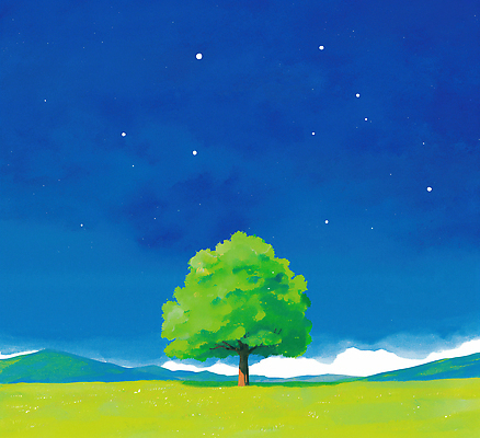 JPG 나무 별 일러스트 자연 하늘 생명 산 풍경 초원 초록색 파란색 고요 일몰 대기 저녁 숲 조화 뷰티풀 국내일러스트 AI일러스트 AI콘텐츠 자연요소 식물 컬러 노을 야간 생태계 파일형식