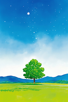 JPG 나무 구름 별 여유 일러스트 자연 하늘 산 풍경 초원 초록색 고요 멀리 뷰티풀 여름밤 국내일러스트 AI일러스트 AI콘텐츠 자연요소 식물 감정 컬러 여름 야간 생태계 파일형식