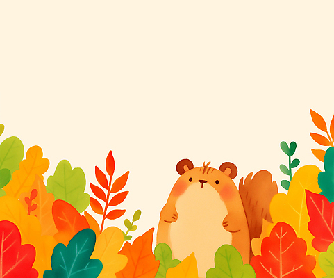 JPG 나무 식물 동물 캐릭터 공원 컬러 잎 일러스트 자연 나뭇잎 풍경 컬러풀 가을 숲 그림 생태계 다람쥐 국내일러스트 AI일러스트 AI콘텐츠 계절 공공시설 설치류 파일형식