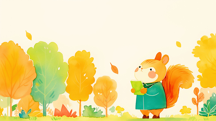 JPG 나무 동물 컬러 일러스트 자연 나뭇잎 풍경 책 독서 소풍 귀여움 산책 금색 가을 숲 그림 생태계 다람쥐 창의성 국내일러스트 AI일러스트 AI콘텐츠 식물 계절 컨셉 잎 휴식 야외활동 설치류 파일형식