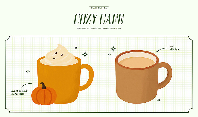 PSD 커피 음료 일러스트 탁자 휴식 디저트 따뜻함 인테리어 카페 차 저녁 편안함 오브젝트 단호박 밀크티 Pumpkin Cozy 국내일러스트 디자인 음식 가구 컨셉 호박 상점 감각 야간 파일형식