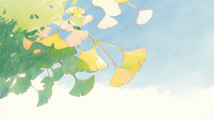 JPG 나무 계절 컬러 잎 일러스트 자연 하늘 나뭇잎 풍경 초록색 파란색 햇빛 노란색 가을 은행잎 조화 뷰티풀 국내일러스트 AI일러스트 AI콘텐츠 식물 태양 생태계 파일형식