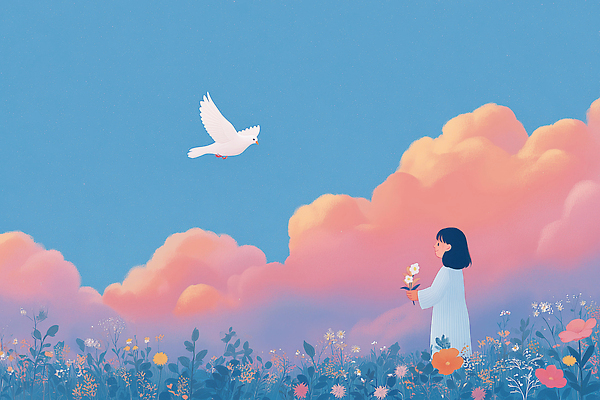 JPG 구름 꽃 감정 일러스트 상상 자연 하늘 풍경 소녀 여름 햇빛 평화 꿈 들꽃 자유 비행 비둘기 뷰티풀 색감 국내일러스트 AI일러스트 AI콘텐츠 자연요소 식물 계절 여자 어린이 컨셉 조류 태양 생태계 파일형식