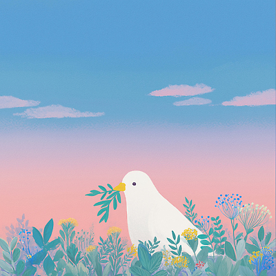 JPG 식물 꽃 감정 컬러 잎 일러스트 자연 하늘 생명 풍경 평화 고요 연결 생태계 비둘기 조화 뷰티풀 국내일러스트 AI일러스트 AI콘텐츠 컨셉 조류 파일형식