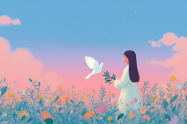 JPG 꽃 행복 컬러 일러스트 자연 하늘 풍경 소녀 초원 초록색 여름 평화 일출 일몰 자유 비둘기 감성 조화 뷰티풀 순간 국내일러스트 AI일러스트 AI콘텐츠 식물 계절 여자 감정 어린이 컨셉 조류 노을 생태계 파일형식
