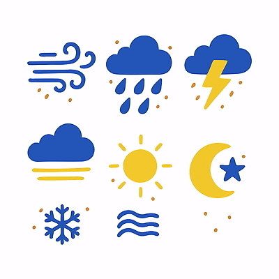 구름 아이콘 디자인 물결 바람 날씨 그래픽 태양 달 눈 번개 비석 2D아이콘 AI파일 자연요소 파일형식 벡터