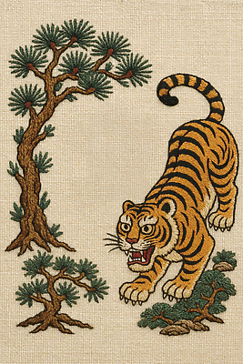 JPG 동물 편집이미지 전통 디자인 예술 컬러 자연 한국 털 소나무 호랑이 공예 자수 조화 생동감 이미지편집 AI포토 AI콘텐츠 나무 아시아 포유류 취미 생태계 파일형식