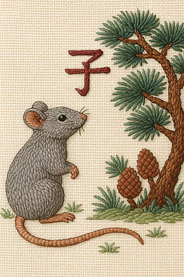 JPG 동물 편집이미지 전통 디자인 야생동물 예술 컬러 자연 소나무 실 쥐 바느질 공예 자수 이미지편집 AI포토 AI콘텐츠 나무 취미 설치류 생태계 파일형식