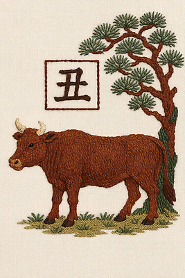 JPG 식물 동물 편집이미지 전통 디자인 예술 자연 한국 따뜻함 장식 소나무 소 공예 수공예 벽걸이 수놓기 이미지편집 AI포토 AI콘텐츠 나무 아시아 포유류 취미 생태계 파일형식