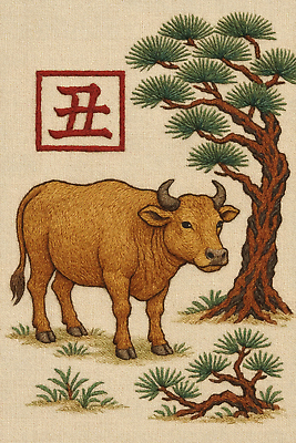 JPG 편집이미지 한국문화 상징 자연 생명 장식 소나무 황소 작품 자수 뷰티풀 색채 이미지편집 AI포토 AI콘텐츠 나무 동양문화 한국 미술 소 생태계 파일형식